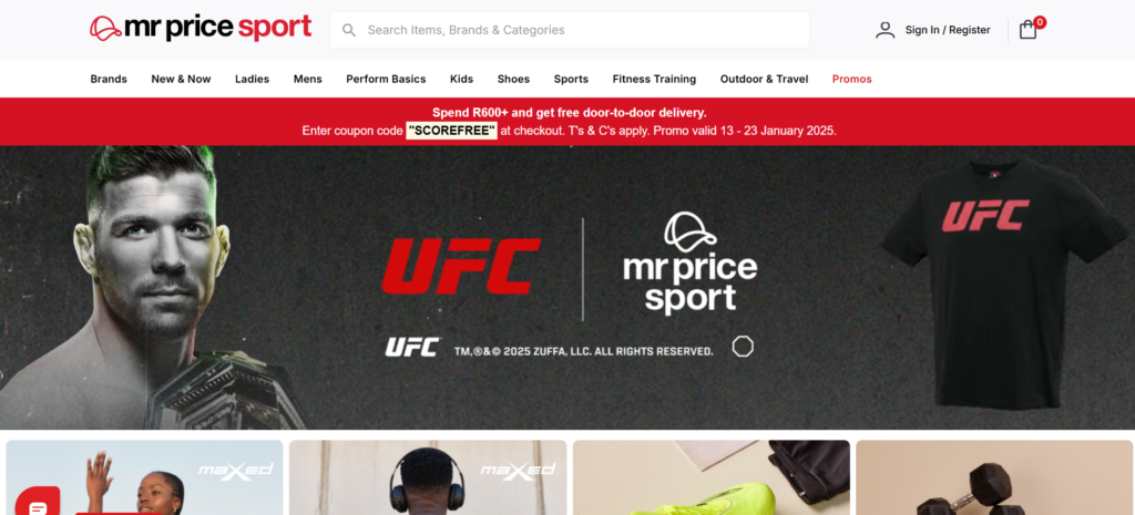 Mr. Price Sport website featuring UFC merchandise and a promo code offer.