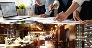 Top half: Team reviewing charts and graphs on a desk with a laptop. Bottom half: Interior of a bustling restaurant with elegant decor and a buffet setup.