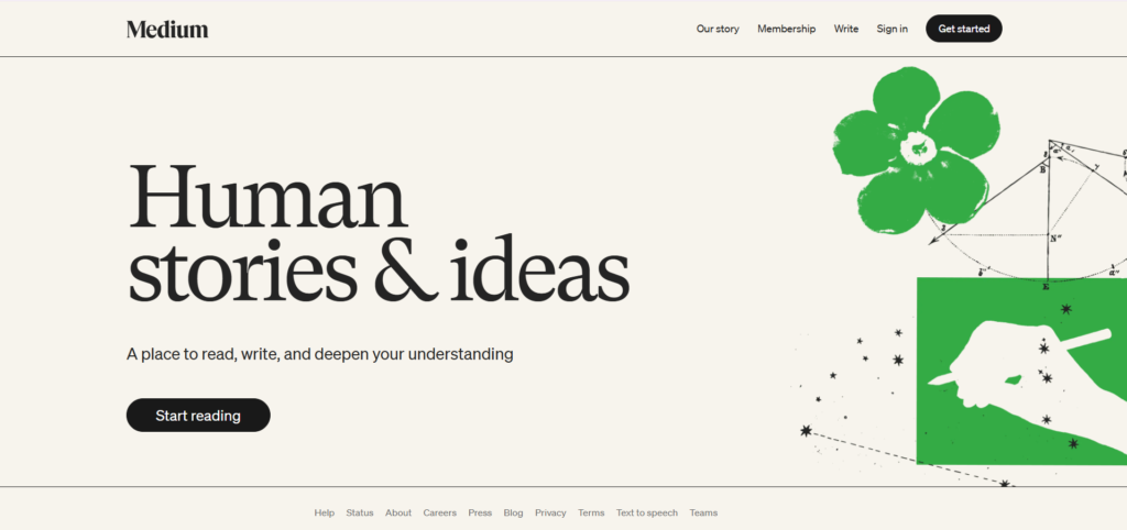 "Human stories & ideas" with a hand writing and a flower graphic on Medium's homepage.