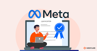 Illustration of a person with a laptop next to a Meta certification badge.