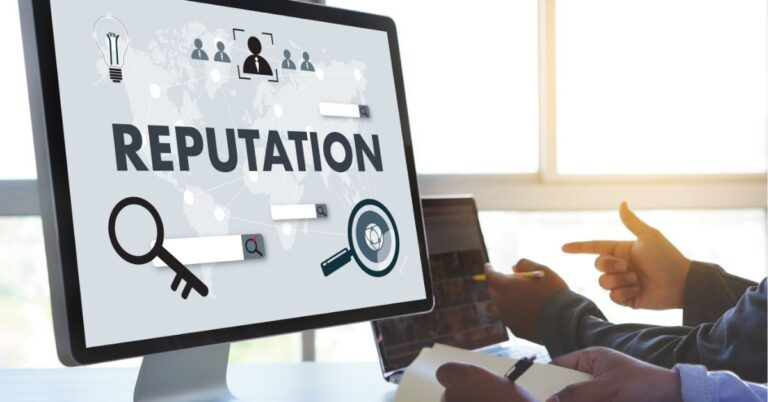 "Building online reputation with insights and strategies on a computer screen."