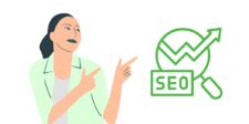 A digital illustration of a woman in a light green jacket pointing towards an SEO icon, which includes a magnifying glass, an upward-trending graph, and the text "SEO" in green. The image represents SEO ranking factors, concepts, and strategies.