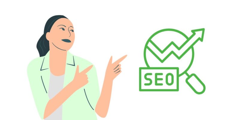 A digital illustration of a woman in a light green jacket pointing towards an SEO icon, which includes a magnifying glass, an upward-trending graph, and the text "SEO" in green. The image represents SEO ranking factors, concepts, and strategies.