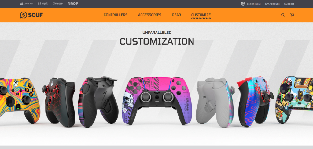 Colorful and customizable gaming controllers lined up for display.