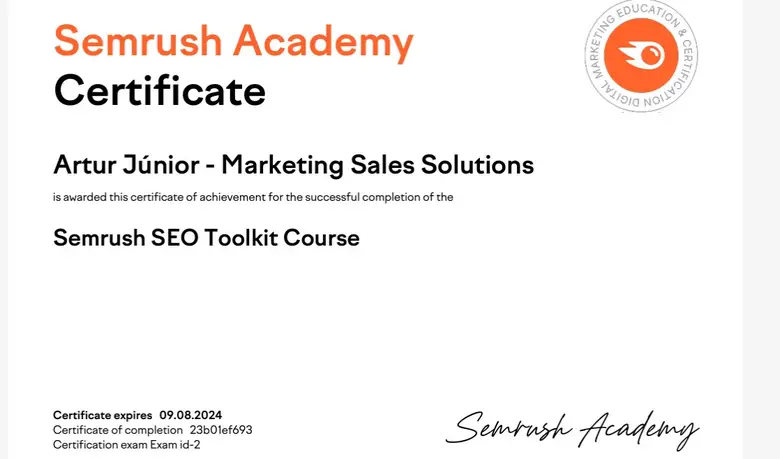 Semrush Academy SEO Toolkit Course certificate awarded to Artur Júnior.
