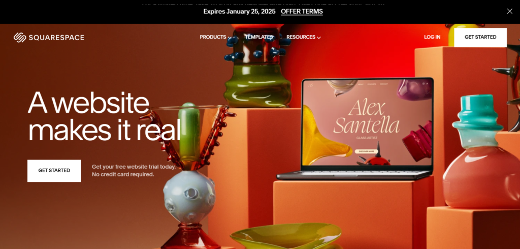 "A website makes it real" with colorful vases and a laptop on Squarespace's homepage.