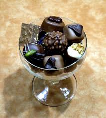 Glass dish filled with assorted gourmet chocolates.