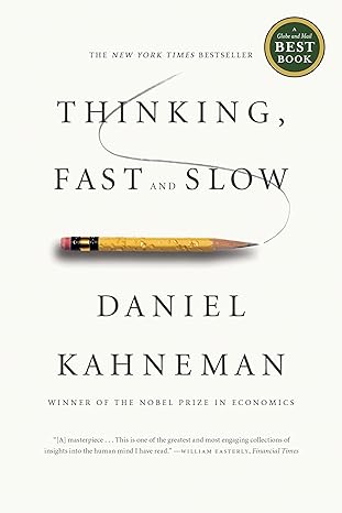 Book cover of "Thinking, Fast and Slow" by Daniel Kahneman. Features a simple design with a pencil illustration and a green "Best Book" badge, highlighting it as a New York Times bestseller.