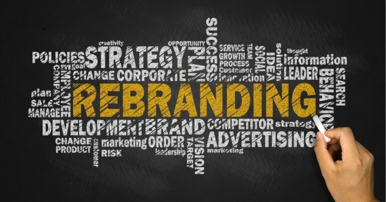 "Rebranding concept with words like strategy, development, and advertising on a blackboard."