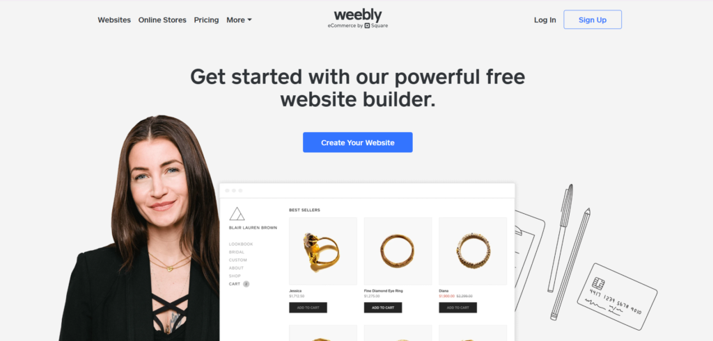 "Weebly: Start building your free website today" with a jewelry store template preview.