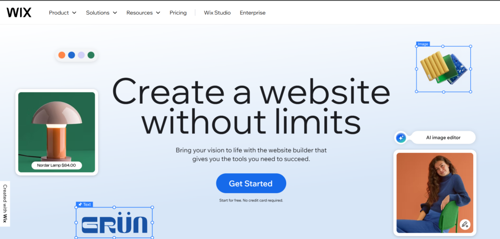 "Create a website without limits" with Wix templates and AI image editor.