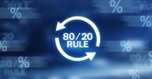 80/20 Rule symbol on a blue background, representing the Pareto Principle.