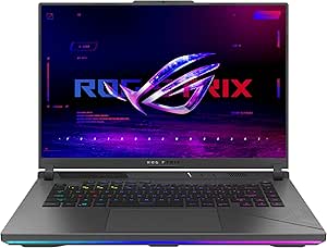 "High-performance gaming laptop with vibrant screen displaying ROG Strix logo."