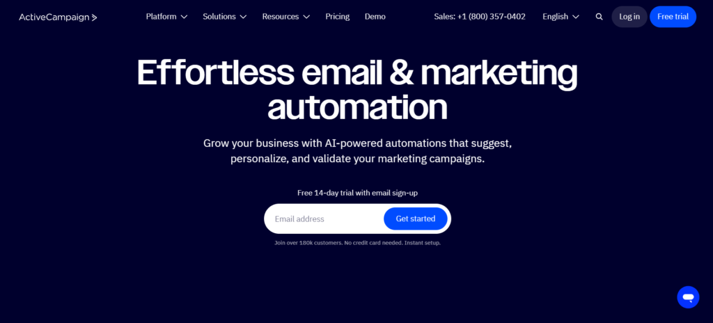 ActiveCampaign homepage highlighting AI-powered email and marketing automation for businesses.