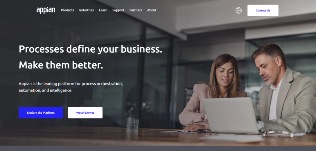 "Appian homepage emphasizing process orchestration, automation, and intelligence with platform exploration and demo options."