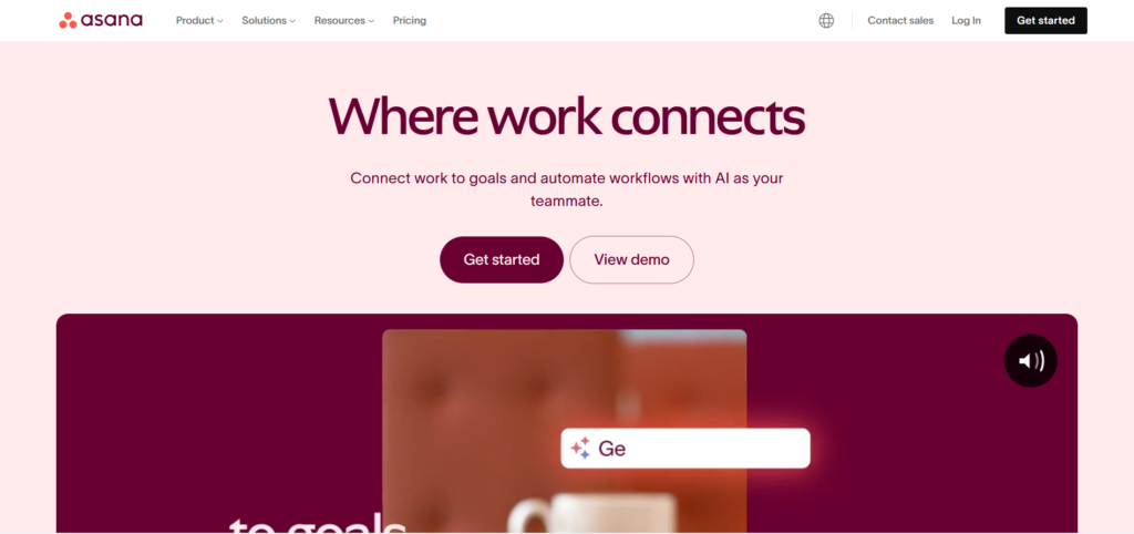 "Asana homepage highlighting AI-powered workflow automation and goal tracking for teams."