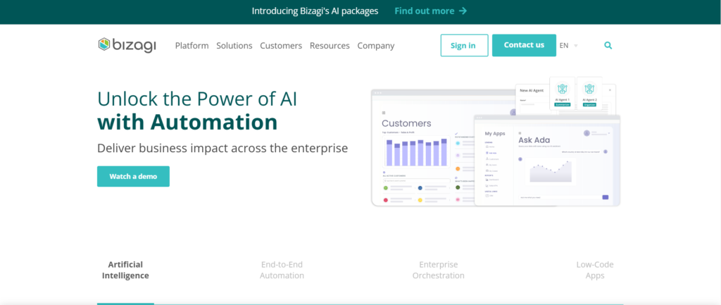 "Bizagi homepage showcasing AI-powered automation solutions with a demo option."