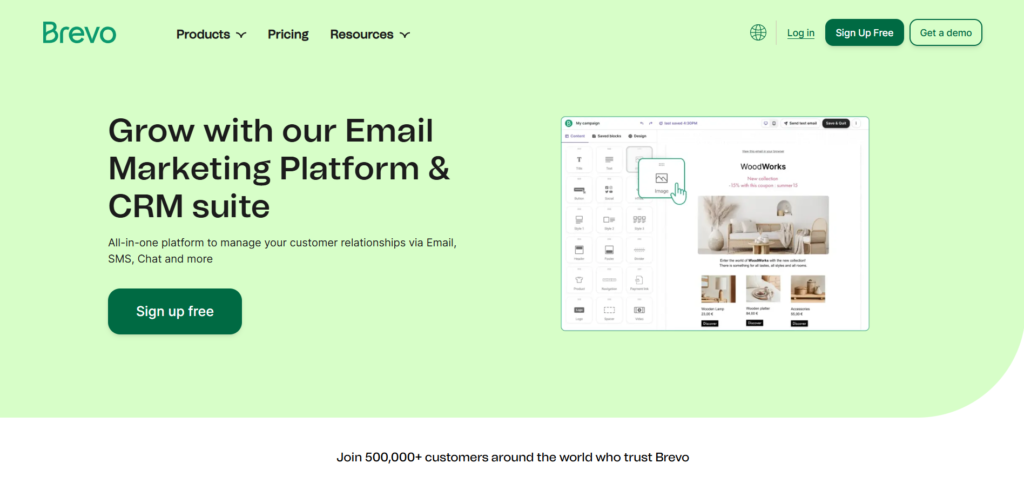 "Brevo homepage promoting email marketing and CRM platform with a signup button."