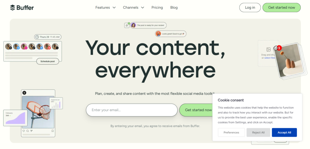 "Buffer homepage with social media tools and 'Get started' button."