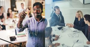 Person writing on a transparent board during a brainstorming session.