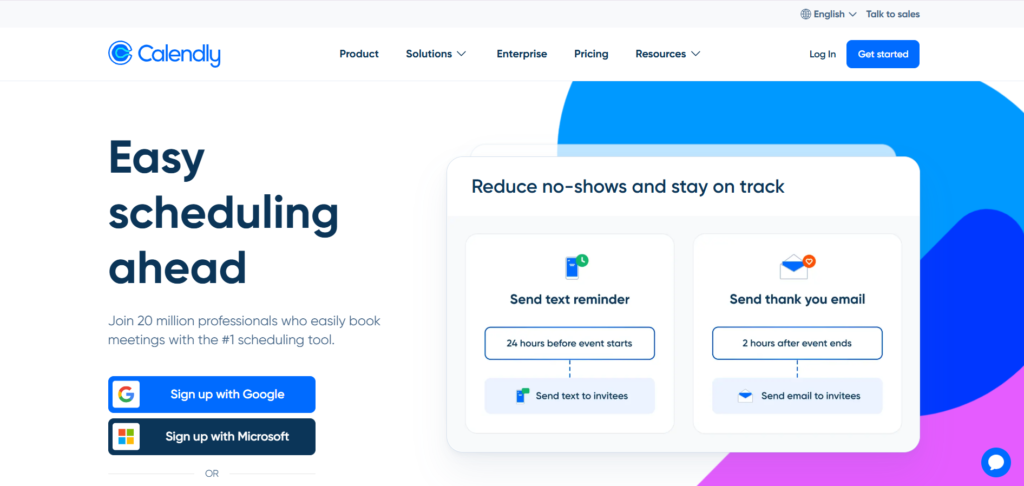 "Calendly homepage showcasing automated scheduling, reminders, and follow-up emails for professionals."