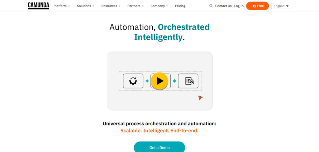 "Camunda website homepage showcasing automation and process orchestration with an emphasis on scalability and intelligence."