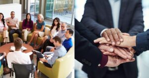 Team gathered, stacking hands, symbolizing unity and collaboration.