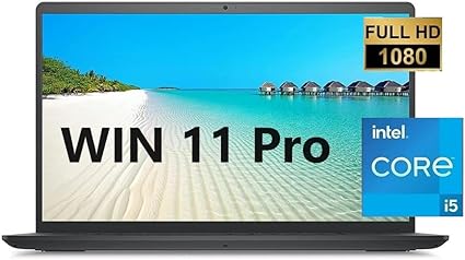 Laptop with Windows 11 Pro, Intel Core i5, and Full HD display showing a beach scene.