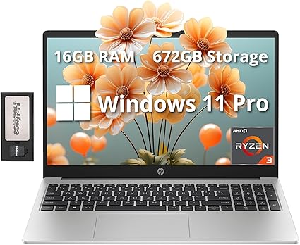 HP laptop with Windows 11 Pro, 16GB RAM, 672GB storage, and floral wallpaper.