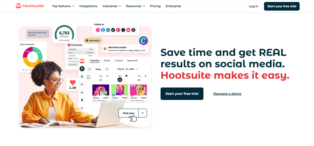 "Hootsuite homepage showcasing social media management, scheduling, analytics, and automation for business marketing success."