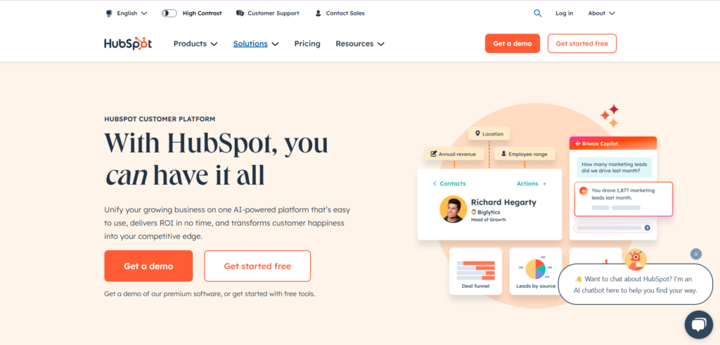 HubSpot homepage displaying AI-powered customer platform for business growth automation.