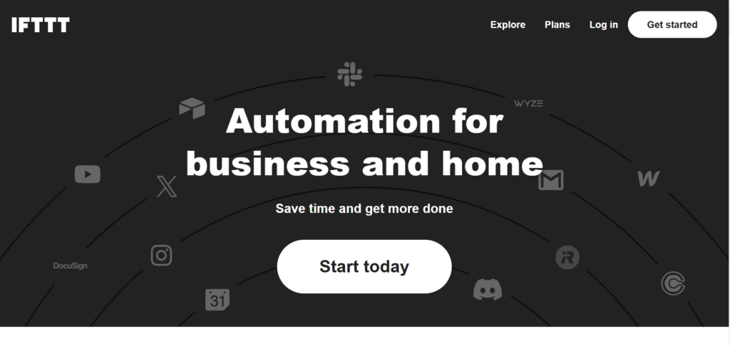 This is the homepage of IFTTT (If This Then That), a platform that provides automation solutions for both businesses and homes.