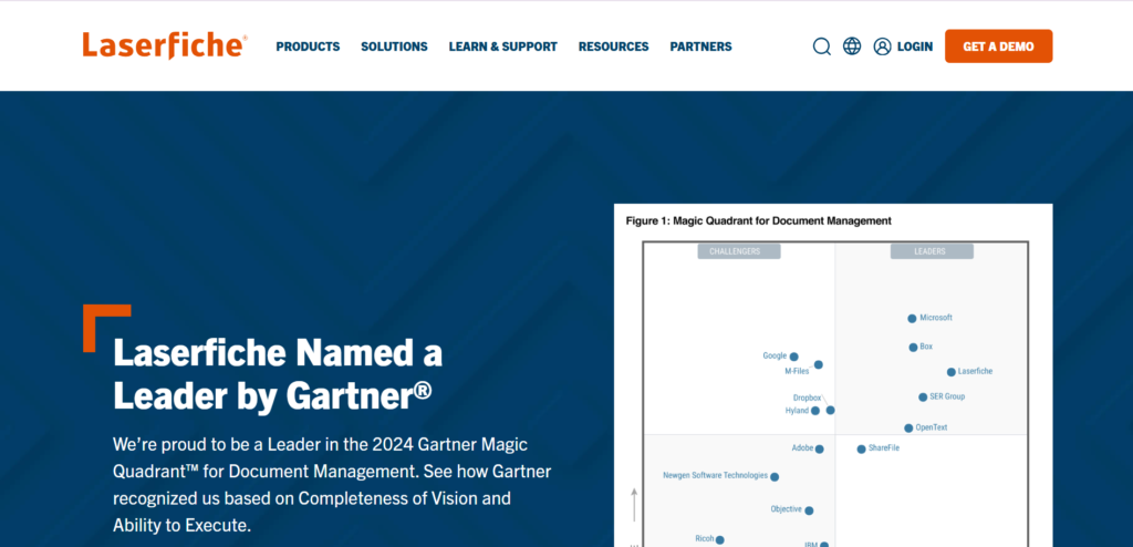 "Laserfiche website homepage highlighting its recognition as a leader in the 2024 Gartner Magic Quadrant for Document Management."