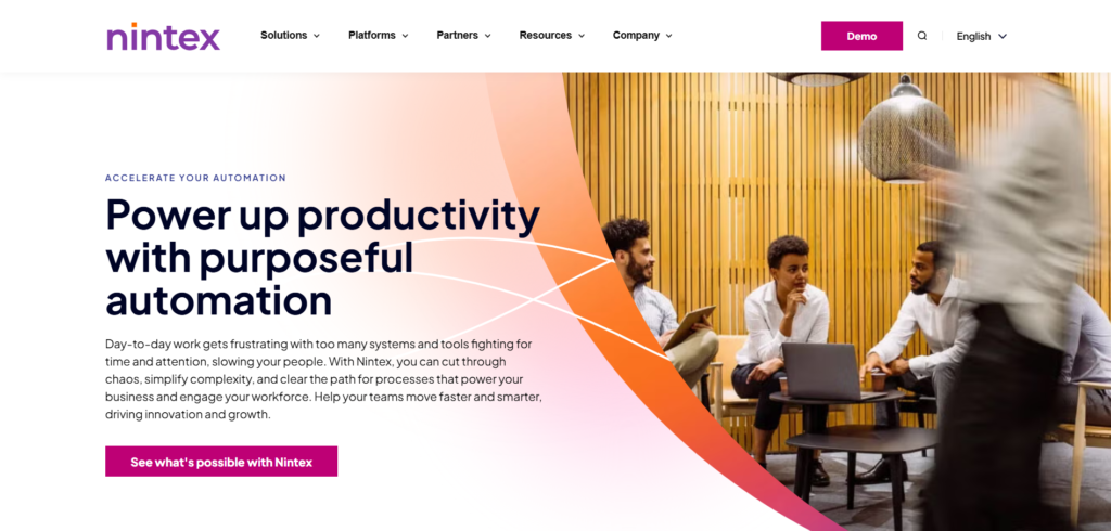 "Nintex website homepage emphasizing productivity through purposeful automation, streamlining processes, and driving innovation."