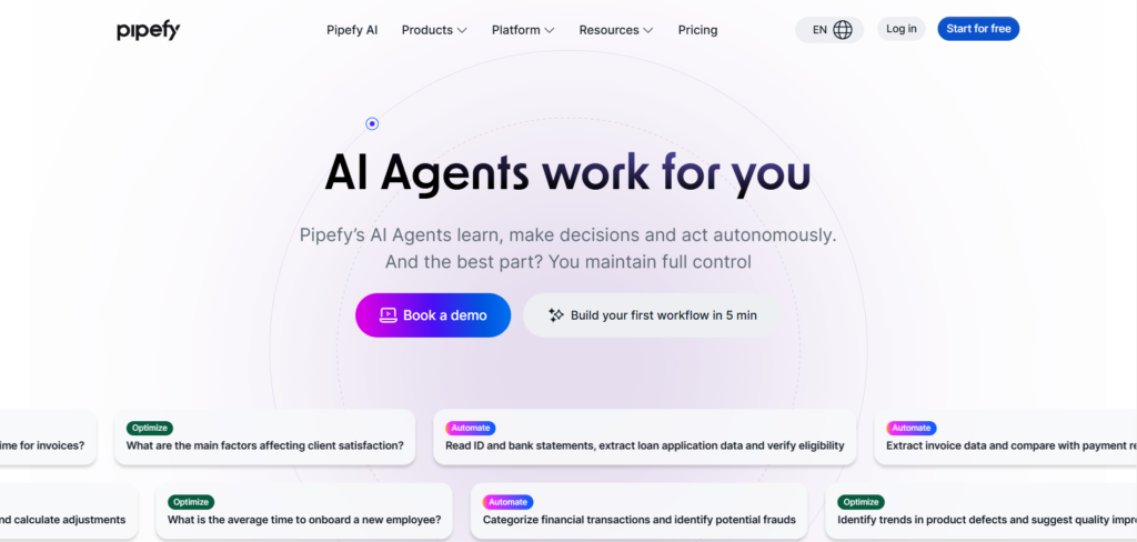 "Pipefy homepage showcasing AI agents for process automation, offering demo booking and quick workflow setup."