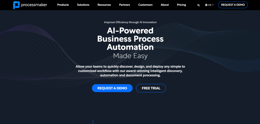 "ProcessMaker homepage highlighting AI-powered business process automation with demo and free trial options."