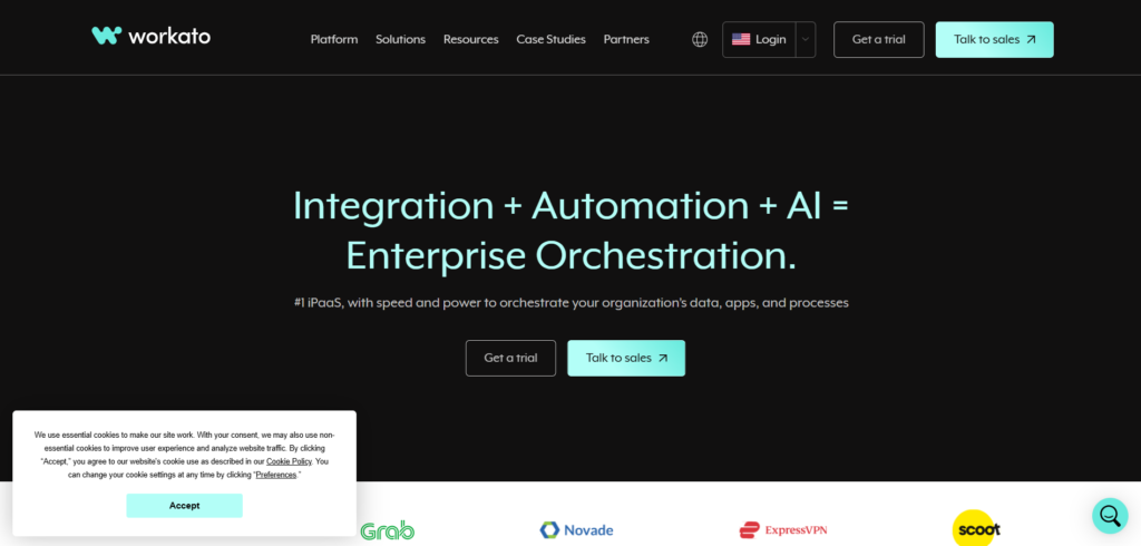 "Workato website homepage showcasing enterprise automation with AI, featuring call-to-action buttons and a cookie consent popup."