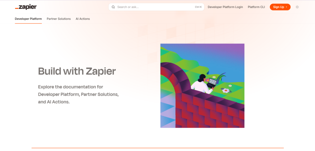 Zapier developer platform homepage featuring automation tools and AI actions.