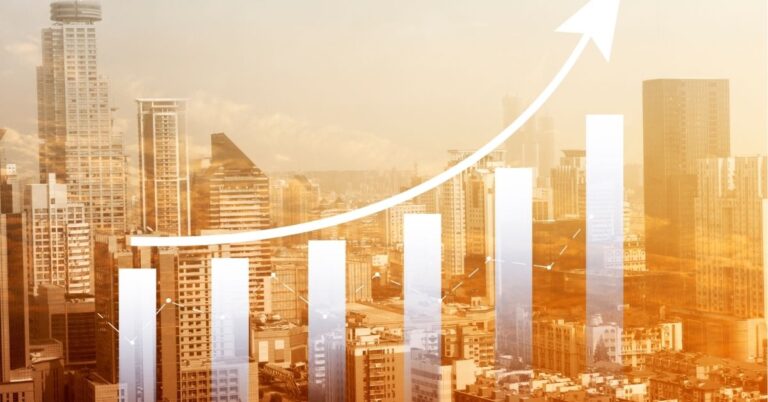 City skyline with a rising bar graph and arrow indicating growth.