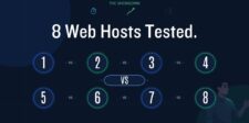 Web hosting comparison: 8 hosts tested for speed, uptime and load handling Dark comparison graphic showing eight numbered web hosts arranged in a tournament-style showdown.