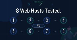 Dark comparison graphic showing eight numbered web hosts arranged in a tournament-style showdown.