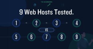 Dark comparison graphic with numbered circles 1 through 9 and text that reads, “9 Web Hosts Tested.”