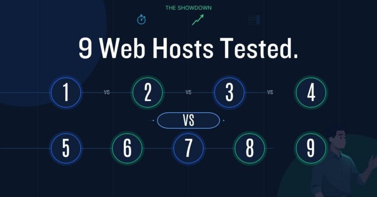 Dark comparison graphic with numbered circles 1 through 9 and text that reads, “9 Web Hosts Tested.”