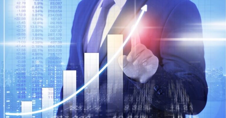 Businessperson pointing at a rising bar graph. Text: "Unlock Financial Growth: Strategies for Success!"