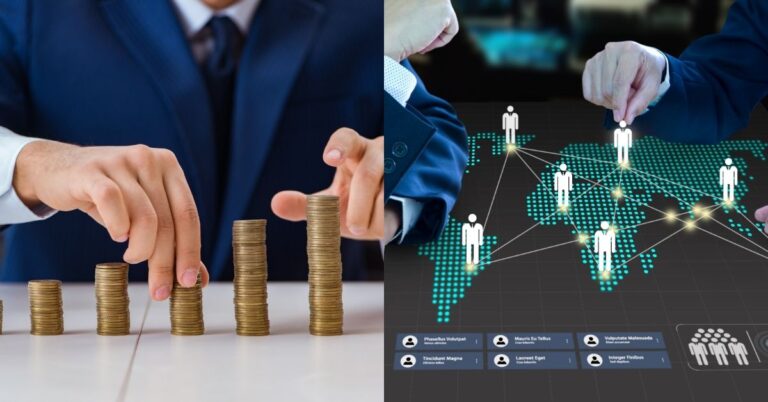 Man stacking coins in growth sequence; digital map with connected figures representing global networking.