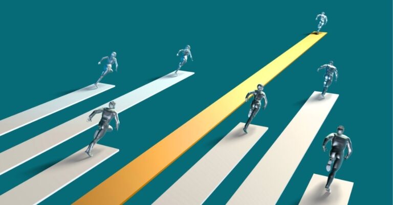 Figures racing on parallel tracks, one highlighted in gold, symbolizing leadership and competition.