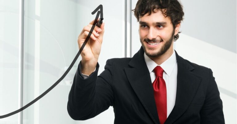 Man drawing an upward trending arrow. Text: "Driving Business Growth with Strategic Insights!"