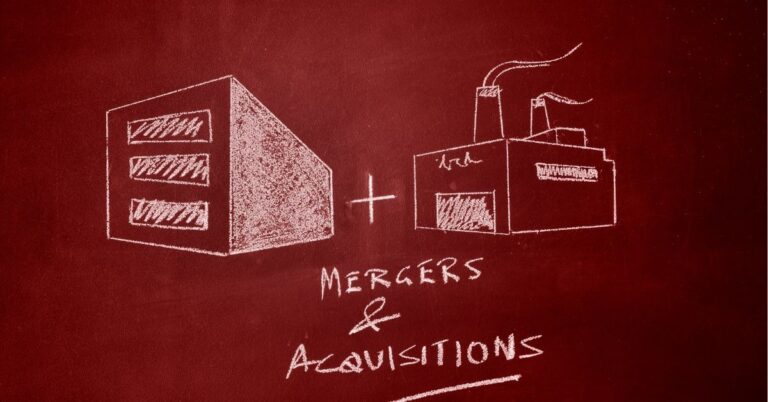 Chalk drawing of two buildings with "Mergers & Acquisitions" written below.