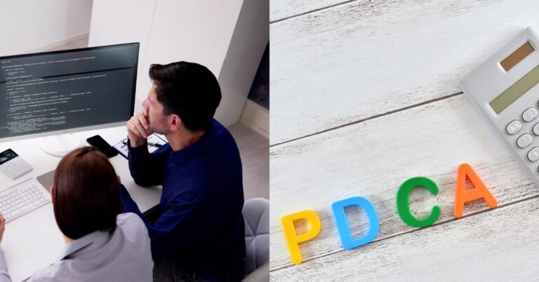 Left: Two colleagues analyzing code on a computer screen. Right: Colorful letters spelling "PDCA" next to a calculator.