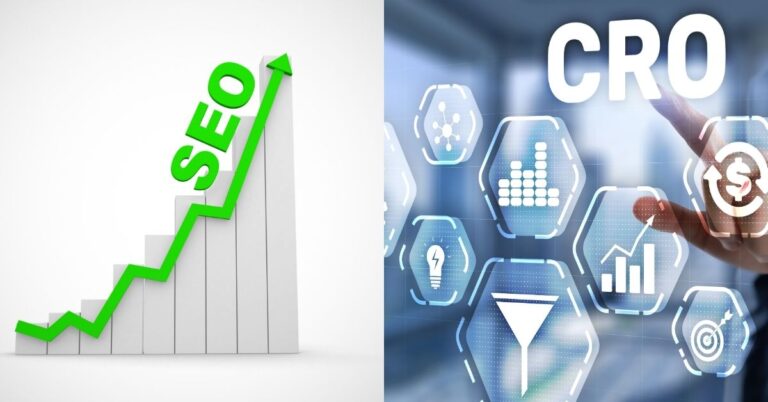 Left: Green "SEO" arrow rising on a chart. Right: Finger touching digital icons with "CRO."